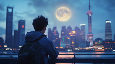 A person gazes at the illuminated skyline of Shanghai under a full moon during twilight hours, reflecting on the vibrant city lightsの素材