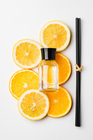 Aromatic display of essential oils with citrus fruit and chopsticks on a minimalist backgroundの写真素材