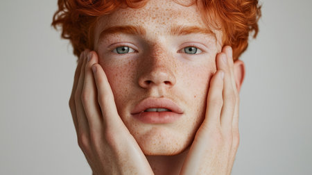 Young man with bright red hair and freckles gently holding his face while looking directly at the camera indoorsの素材
