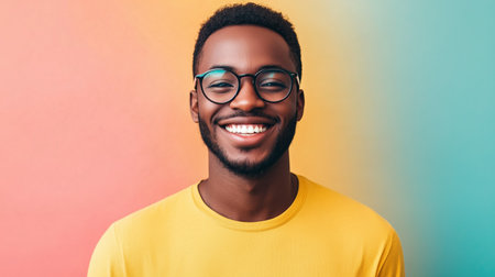 Cheerful young man smiling against a colorful gradient backdrop, showcasing his joyful personality in a bright yellow shirtの素材