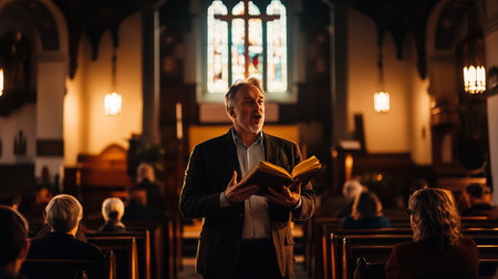 A man reads solemnly from a large book during a gathering in a historic church, illuminated by stained glass windows in the eveningの素材