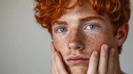 Young person with striking red hair and freckles gently holding their face against a neutral backgroundの素材