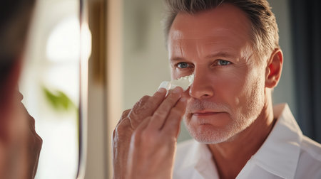 Man applying skincare cream while looking in the bathroom mirror during a morning routineの素材