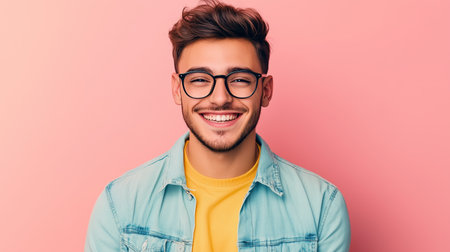 Young man smiling brightly against a pastel pink background, wearing glasses and a stylish denim jacket in a cheerful atmosphereの素材