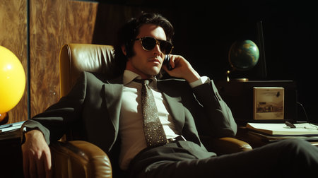 A well-dressed man seated in a leather chair, wearing sunglasses and a suit, engaged in a phone conversation indoors during the eveningの素材