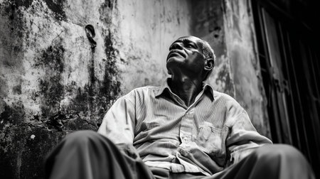 Elderly man thoughtfully gazing upward while seated against a weathered wall in a rustic environmentの素材
