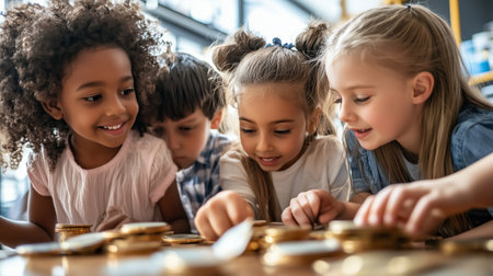 Children joyfully counting coins together in a bright indoor space during a playful afternoon activityの素材
