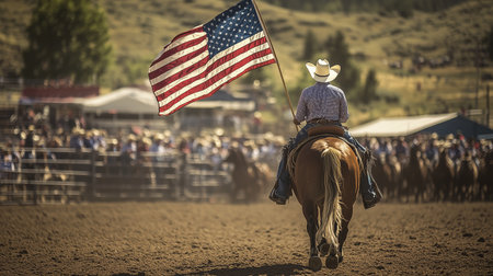 Cowboy carrying American flag during rodeo event in a rural setting on a sunny dayの素材