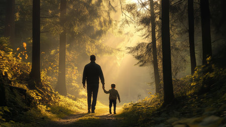Father and child walking through a sunlit forest path during early morning in a serene natural settingの素材