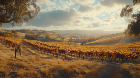 Golden autumn harvest in a tranquil vineyard surrounded by rolling hills during sunset in the countrysideの素材