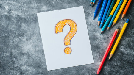Colorful pencils surrounding a question mark sketch on a gray surface inviting creativity and curiosityの素材