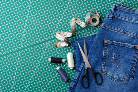 Sewing tools on a cutting mat with denim and thread spools in a craft workspace