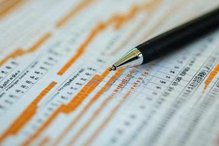 Detailed financial report analysis with a pen on a desk during business hoursの素材