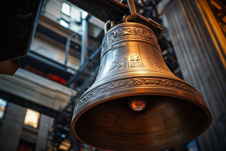 A close-up view of an ornate bell in a historic building showcasing intricate designs and warm lightingの素材