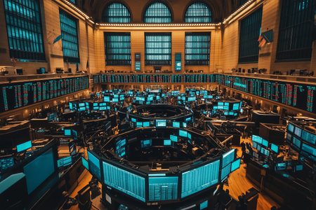 Inside a bustling stock exchange with traders active at work during a busy trading session in the late afternoonの素材