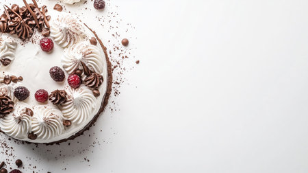 A beautifully decorated chocolate cake topped with cream, raspberries, and chocolate pearls, perfect for a special celebrationの素材