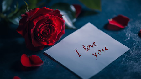 A romantic gesture with a red rose and a heartfelt message on a note during an intimate evening settingの素材