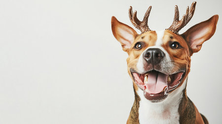 Happy dog wearing antlers against a plain background during a festive season celebrationの素材