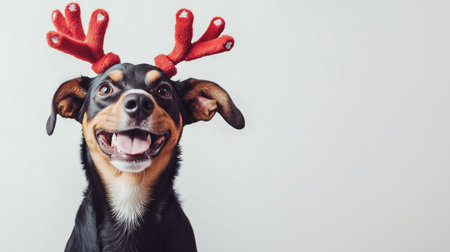 Happy dog wearing red reindeer antlers in a cheerful indoor setting during the holiday seasonの素材