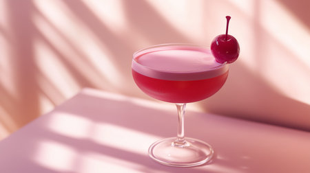 Elegant pink cocktail garnished with a cherry in a stylish glass on a sunlit surfaceの素材