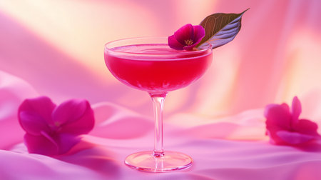 A vibrant cocktail garnished with a flower petal, elegantly displayed against a soft pink backgroundの素材