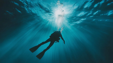 Diver exploring the serene depths of the ocean, illuminated by sunlight streaming through the surfaceの素材