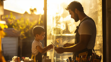 Sunset woodworking session between father and son in a home workshop creating lasting memories togetherの素材