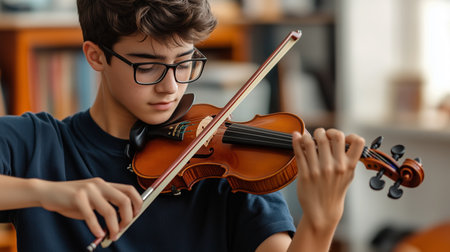 A young musician plays the violin in a cozy indoor space filled with warm light and books during afternoon practiceの素材