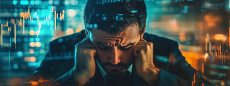 A businessman in distress holds his head in his hands amid digital finance charts in an office after market fluctuations at nightの素材