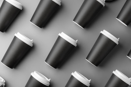 Black disposable cups arranged on a gray surface with white lids, creating a look suitable for a coffee shop settingの写真素材