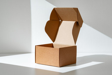 An open cardboard box rests on a bright white surface with soft shadows