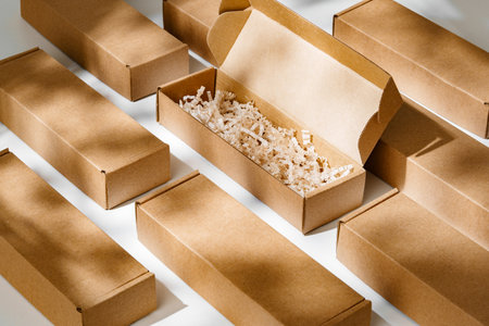 Brown cardboard boxes arranged neatly on a workspace, showcasing packaging materials for shipping...