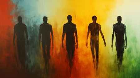 Silhouetted figures walking through a colorful abstract landscape at dusk, evoking a sense of mystery and contemplationの素材