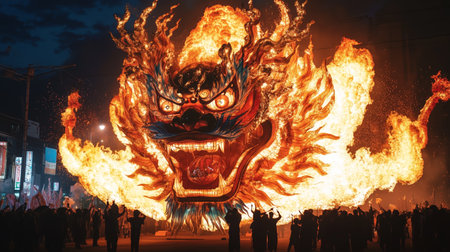 Vibrant dragon celebration with flames illuminating the night during a traditional festival in an energetic cityscapeの素材