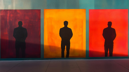 Silhouettes of individuals standing against vibrant colored panels in an urban setting during sunsetの素材