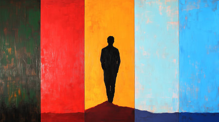 A silhouette stands against a vibrant backdrop of colorful vertical panels in an artistic studio settingの素材