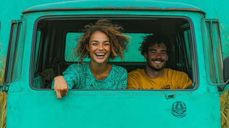 A joyful couple enjoying a scenic road trip in a vintage turquoise truck surrounded by lush greenery on a sunny dayの素材