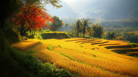 Lush golden rice terraces in early morning light surrounded by vibrant trees in a tranquil hillside locationの素材
