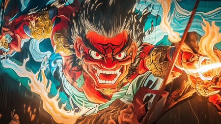 Vibrant mural showcasing an intense warrior bursting with energy, depicting strength and passion in a dynamic urban settingの素材