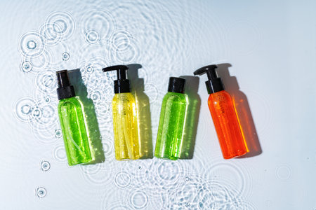 Colorful liquid soaps arranged on a smooth surface with ripples in warm sunlightの写真素材