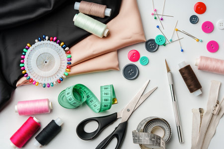 Crafting essentials for sewing projects displayed on a table with fabric, threads, and tools