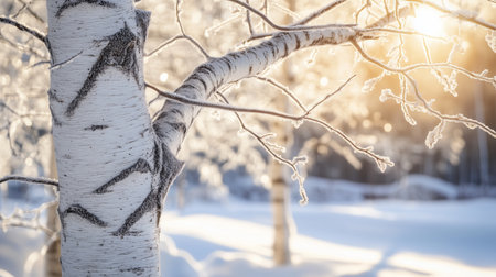 Frost-covered birch tree glistens in the morning light of a snowy winter landscapeの素材