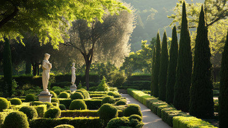 Tranquil garden featuring manicured hedges, statues, and towering trees in soft evening lightの素材