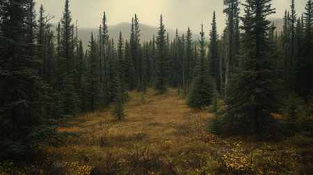 A serene forest landscape with tall evergreens and a misty atmosphere during early morning in a tranquil wilderness settingの素材