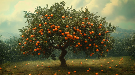 A vibrant orange tree stands in a lush orchard with ripe fruit scattered on the ground during golden hourの素材