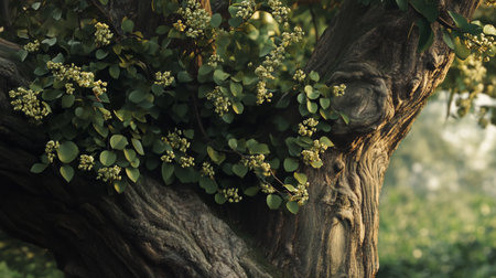A close-up view of a gnarled tree trunk adorned with bright green leaves and delicate white flowers in a serene garden setting during daylightの素材