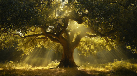 Majestic old tree bathed in golden sunlight on a serene morning in a lush green forestの素材