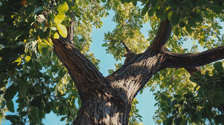 Majestic tree viewed from beneath with vibrant green leaves and clear blue sky on a sunny dayの素材