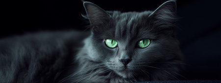A close-up of a gray cat with striking green eyes resting in dim lighting, creating an enchanting and mysterious atmosphereの素材