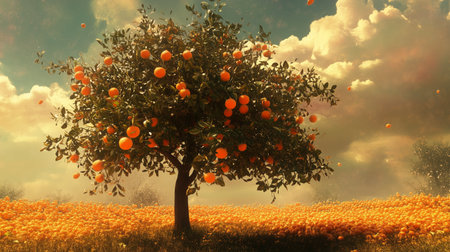 A vibrant orange tree stands in a sunny field filled with marigolds under a bright sky at duskの素材